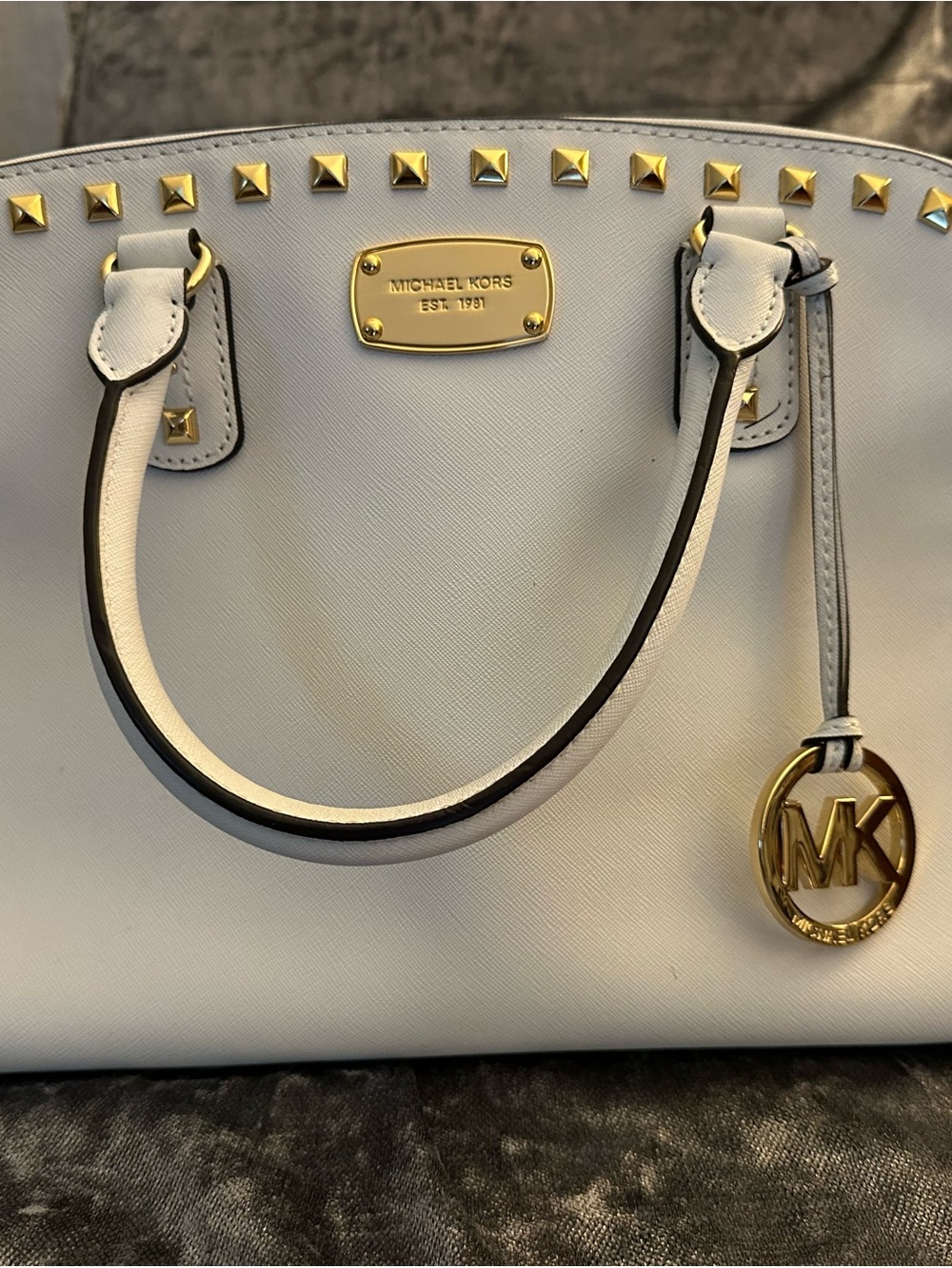 Michael Kors White Saffiano Satchel with Gold Hardware and Studs